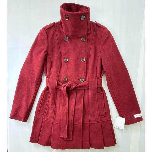NEW CALVIN KLEIN Sz 2 Skirted Wool Trench Coat Pleated Double Breast Burgundy - Picture 6 of 9
